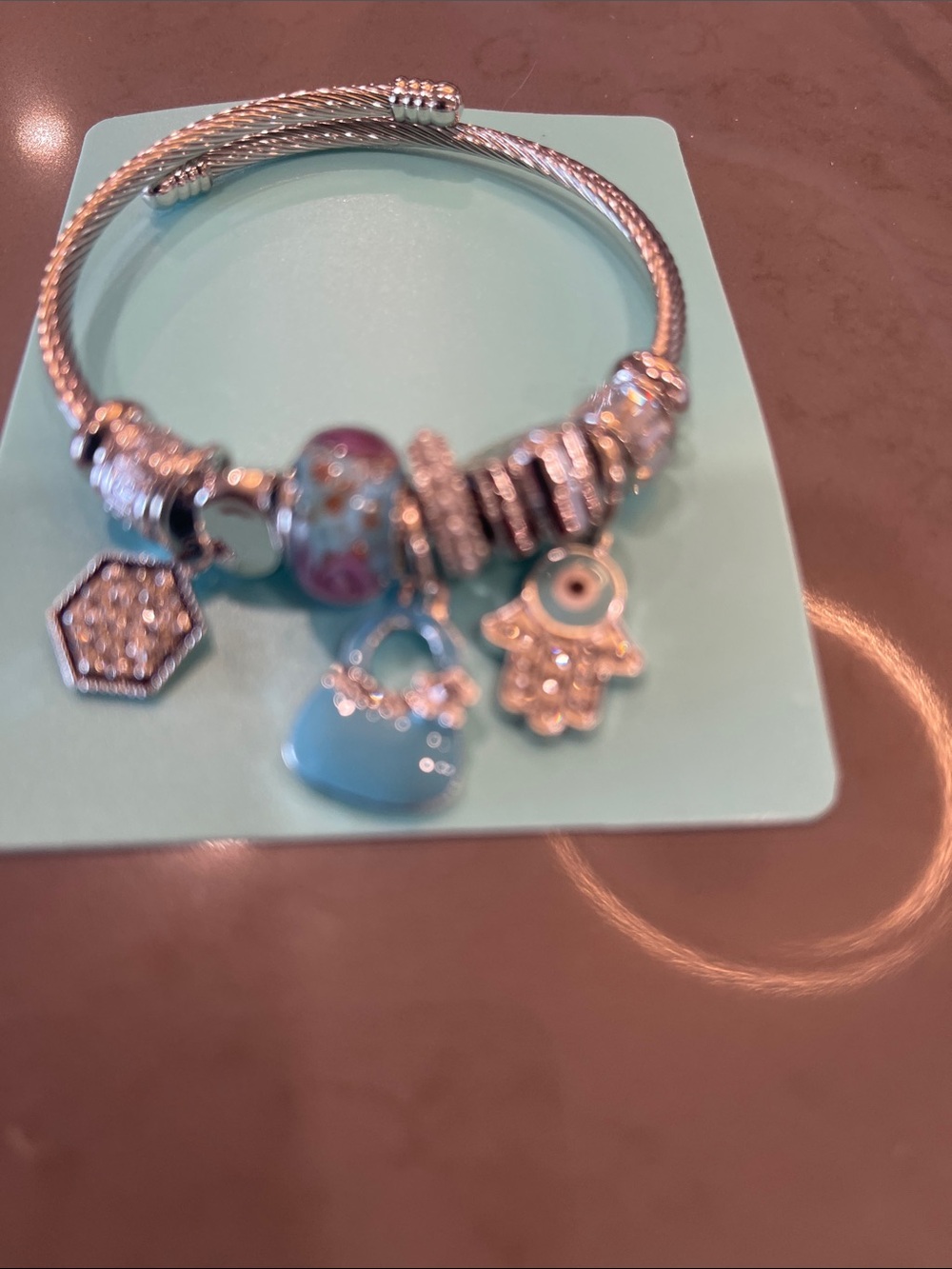 Evil eye 🧿 Silver Charm Bracelet with Turquoise Heart and Crystal Accents - Picture 2 of 5